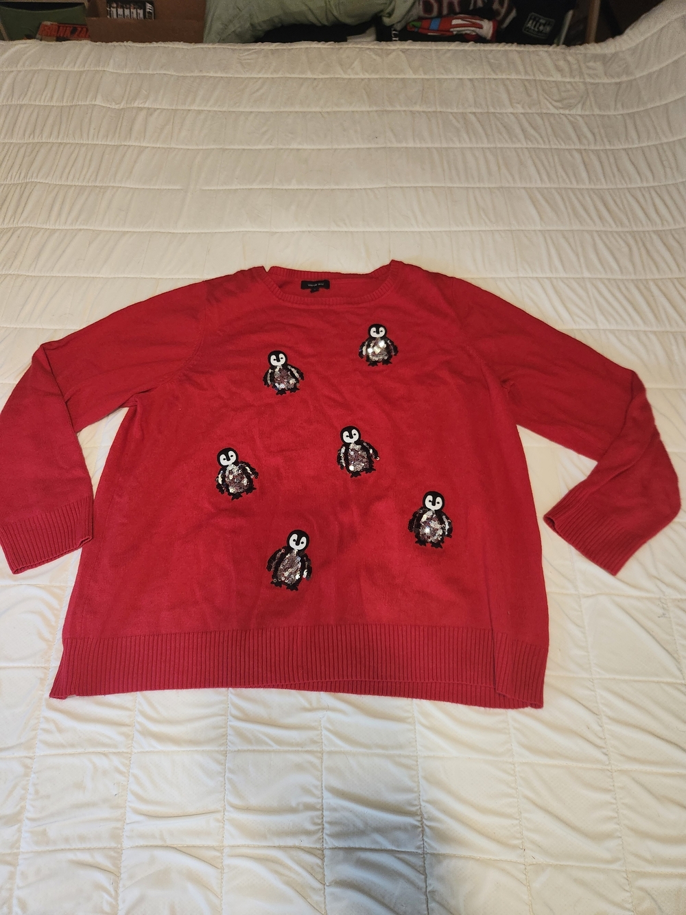 Verve Ami Red Sequin Penguin Crewneck Sweater